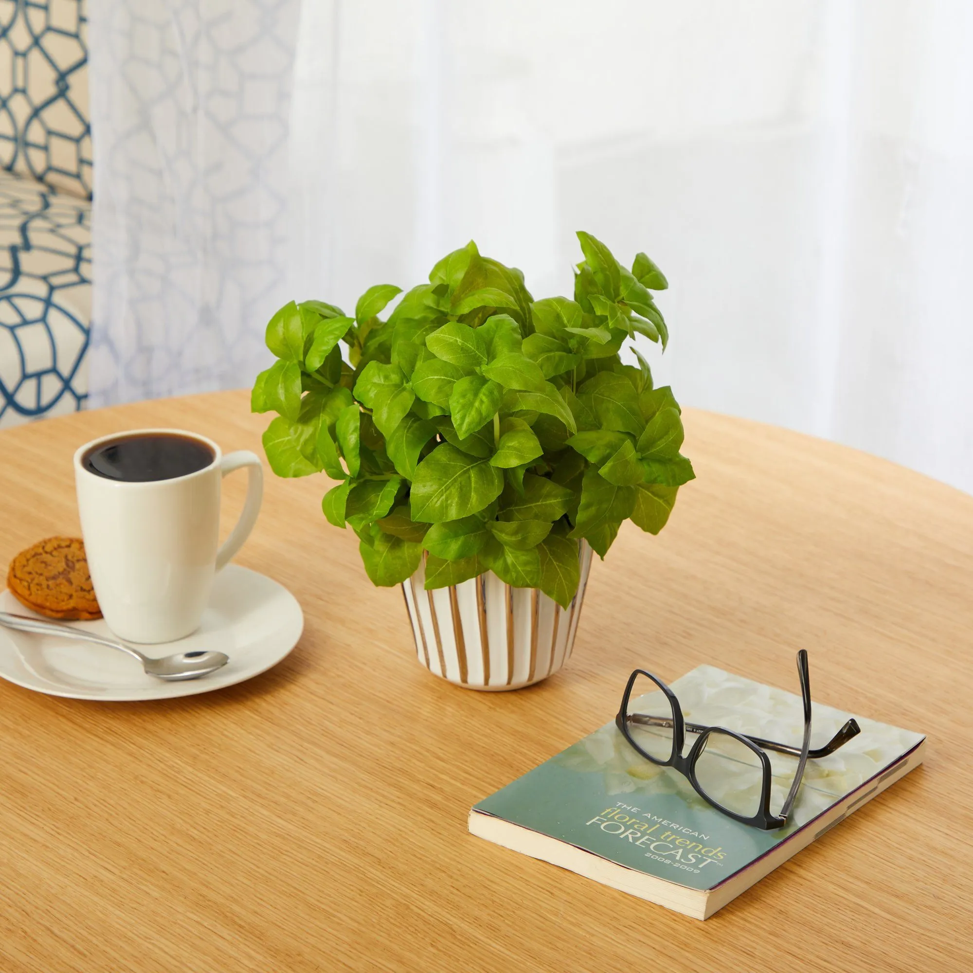 10” Basil Artificial Plant in White Planter with Silver Trimming