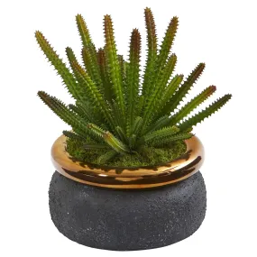 10” Cactus Artificial Plant in Black Planter with Bronze Rim