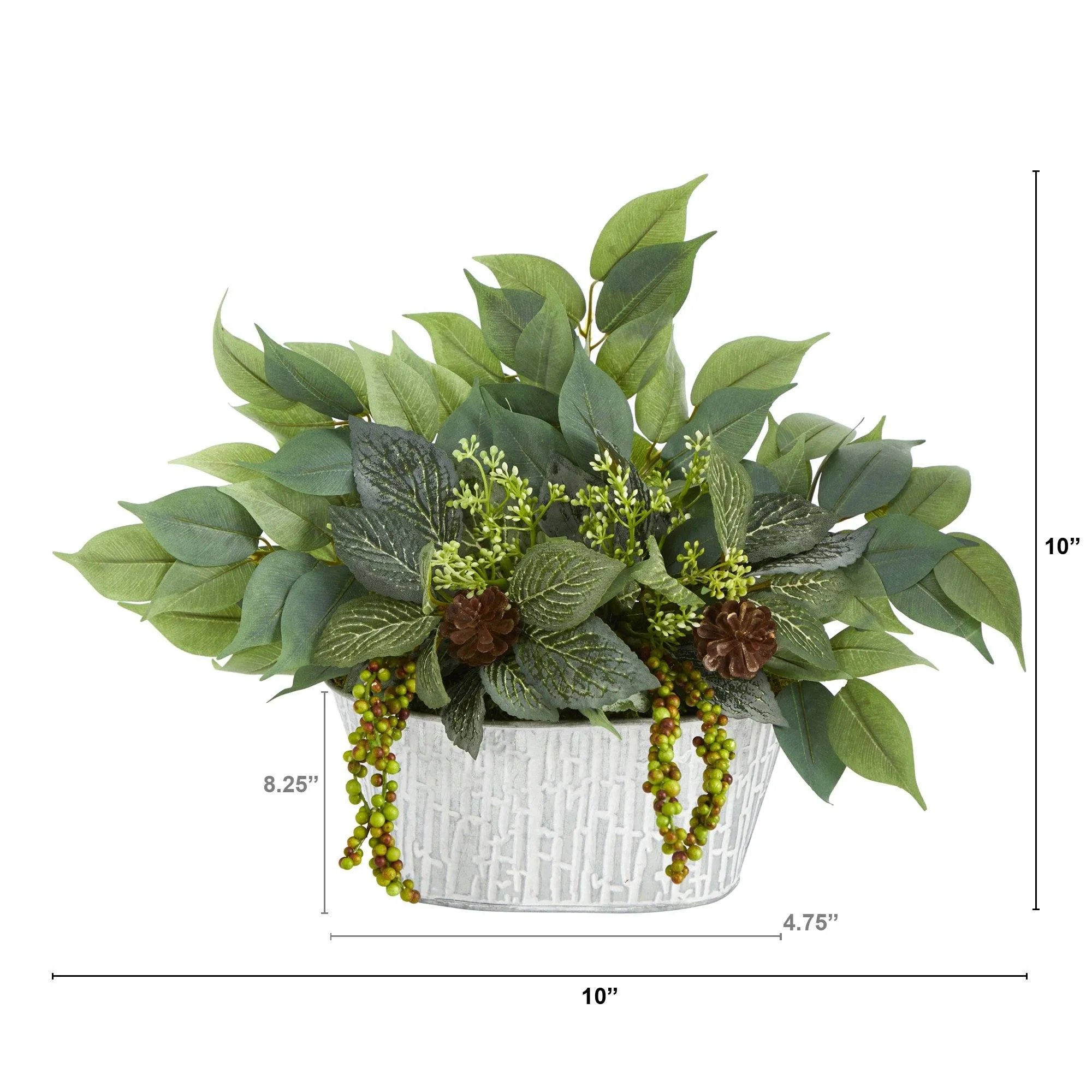 10” Mixed Ficus and Fittonia Artificial Plant in White Tin Planter