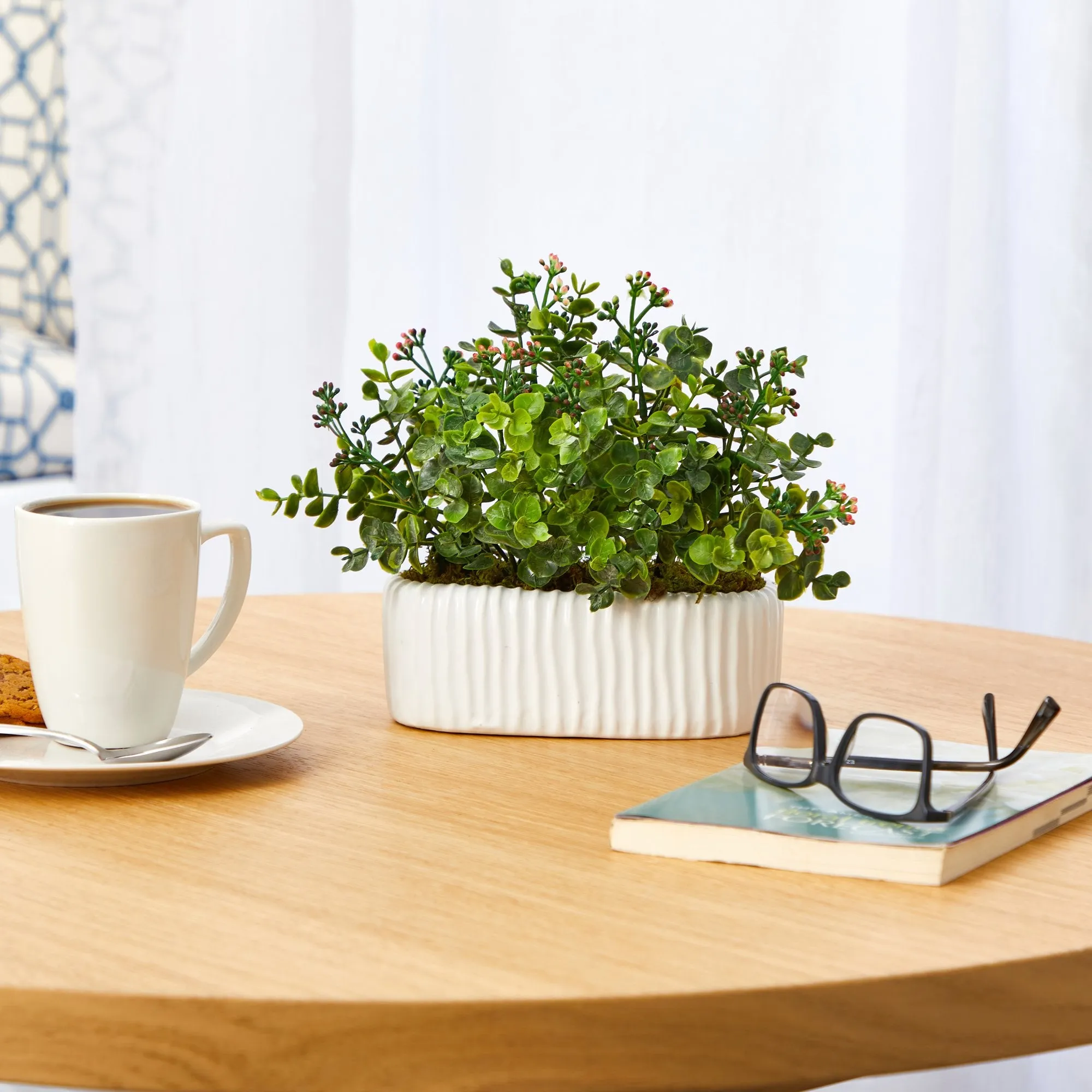 11” Eucalyptus and Sedum Artificial Plant in White Planter