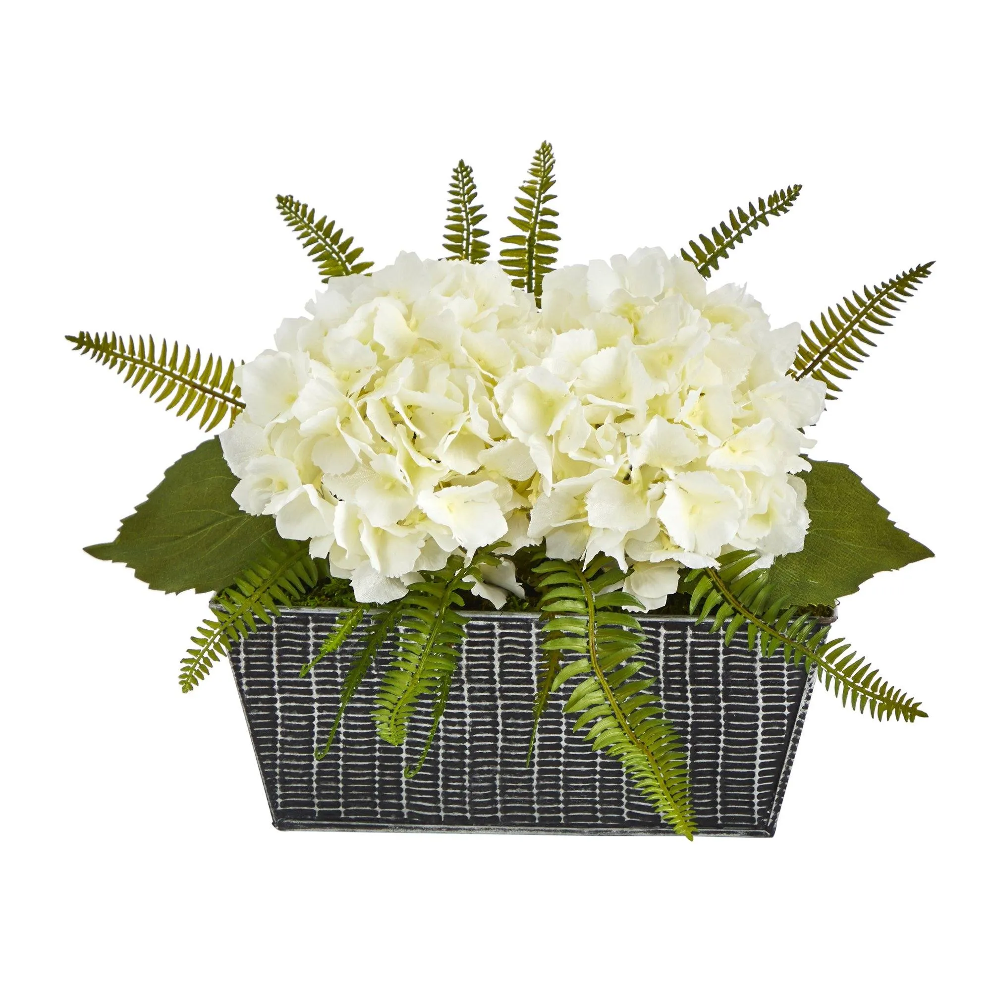 11” Hydrangea and Fern Artificial Plant in Embossed Tin Planter