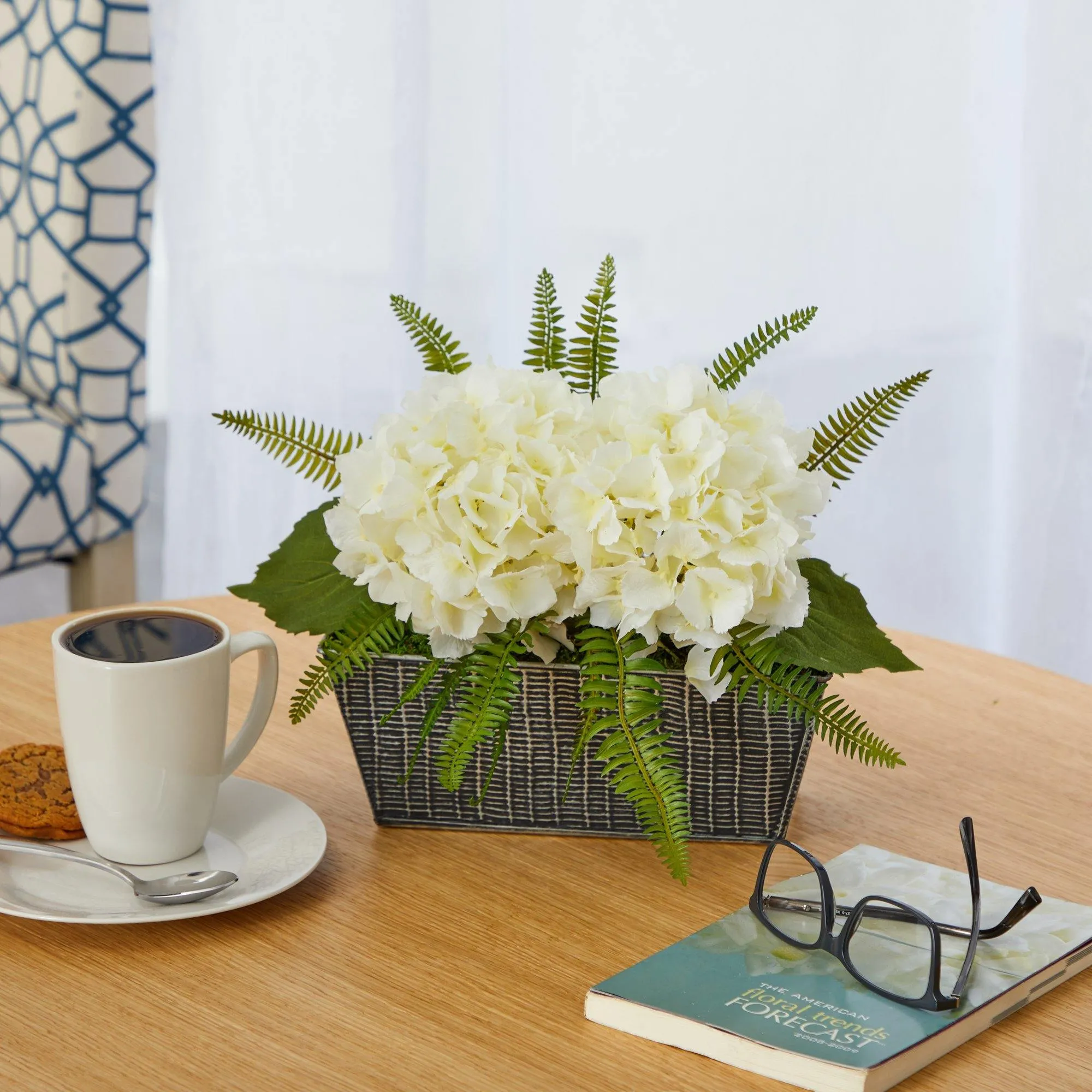 11” Hydrangea and Fern Artificial Plant in Embossed Tin Planter