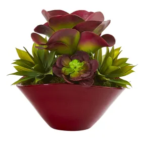 11” Mixed Succulent Artificial Plant in Burgundy Planter