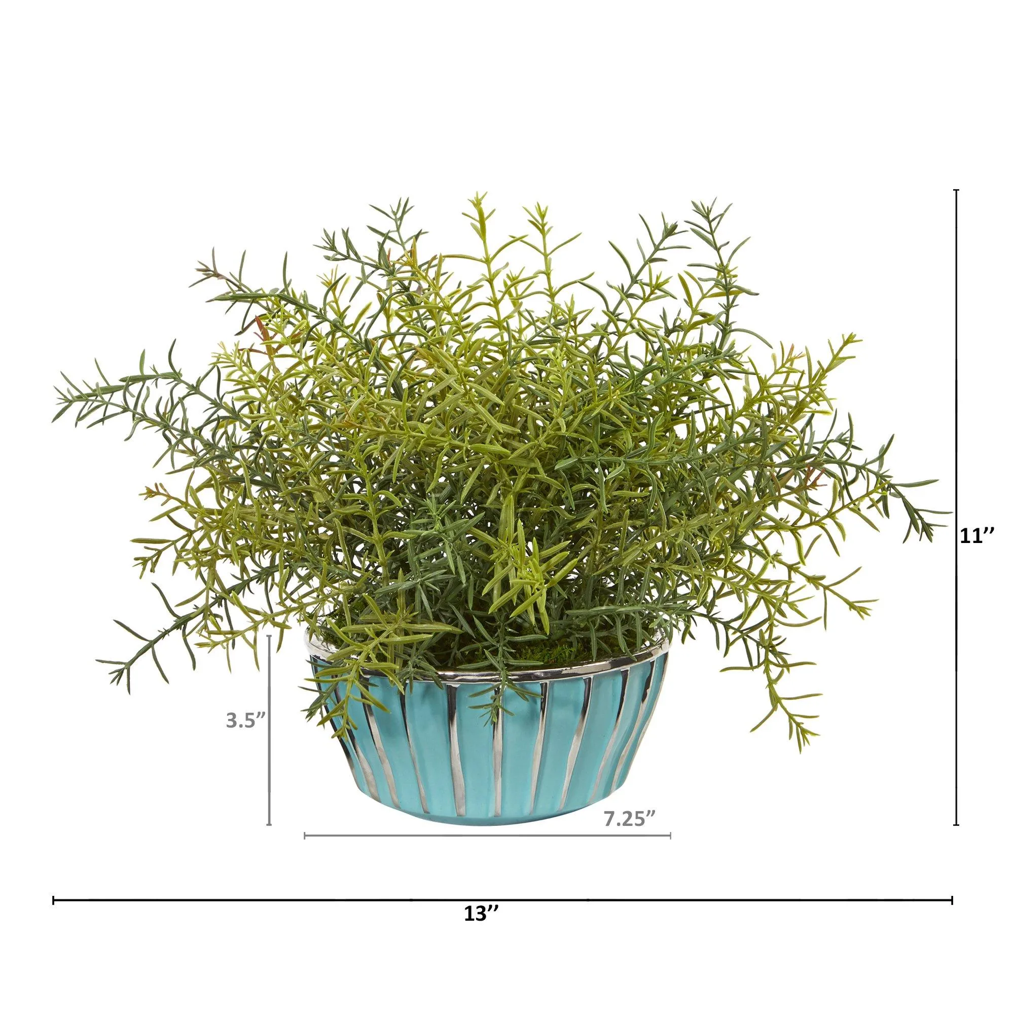 11” Rosemary Artificial Plant in Turquoise Bowl with Silver Trimming