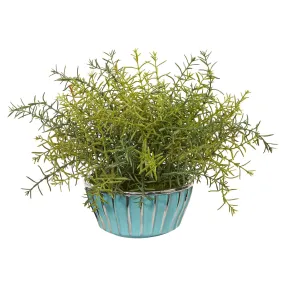 11” Rosemary Artificial Plant in Turquoise Bowl with Silver Trimming