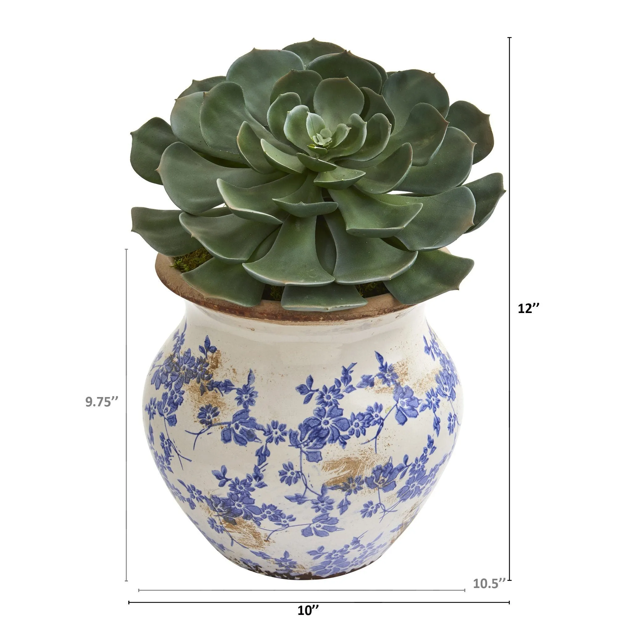 12” Echeveria Succulent Pick Artificial Plant in Vintage Floral Planter