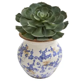 12” Echeveria Succulent Pick Artificial Plant in Vintage Floral Planter