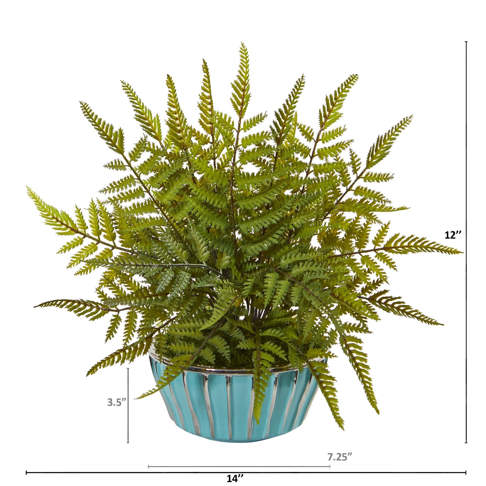 12” Fern Artificial Plant in Turquoise Bowl with Silver Trimming