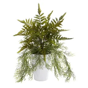 13” Fern and Tillandsia Moss Artificial Plant in White Planter