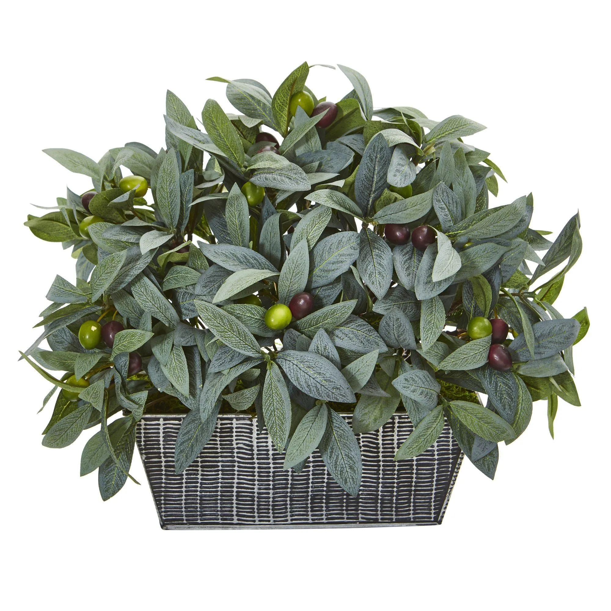 13” Olive with Berries Artificial Plant in Embossed Tin Planter