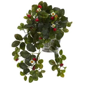 13” Strawberry Artificial Plant in Vintage Hanging Metal Planter