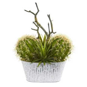 14” Cactus and Agave Succulent Artificial Plant in White Tin Planter