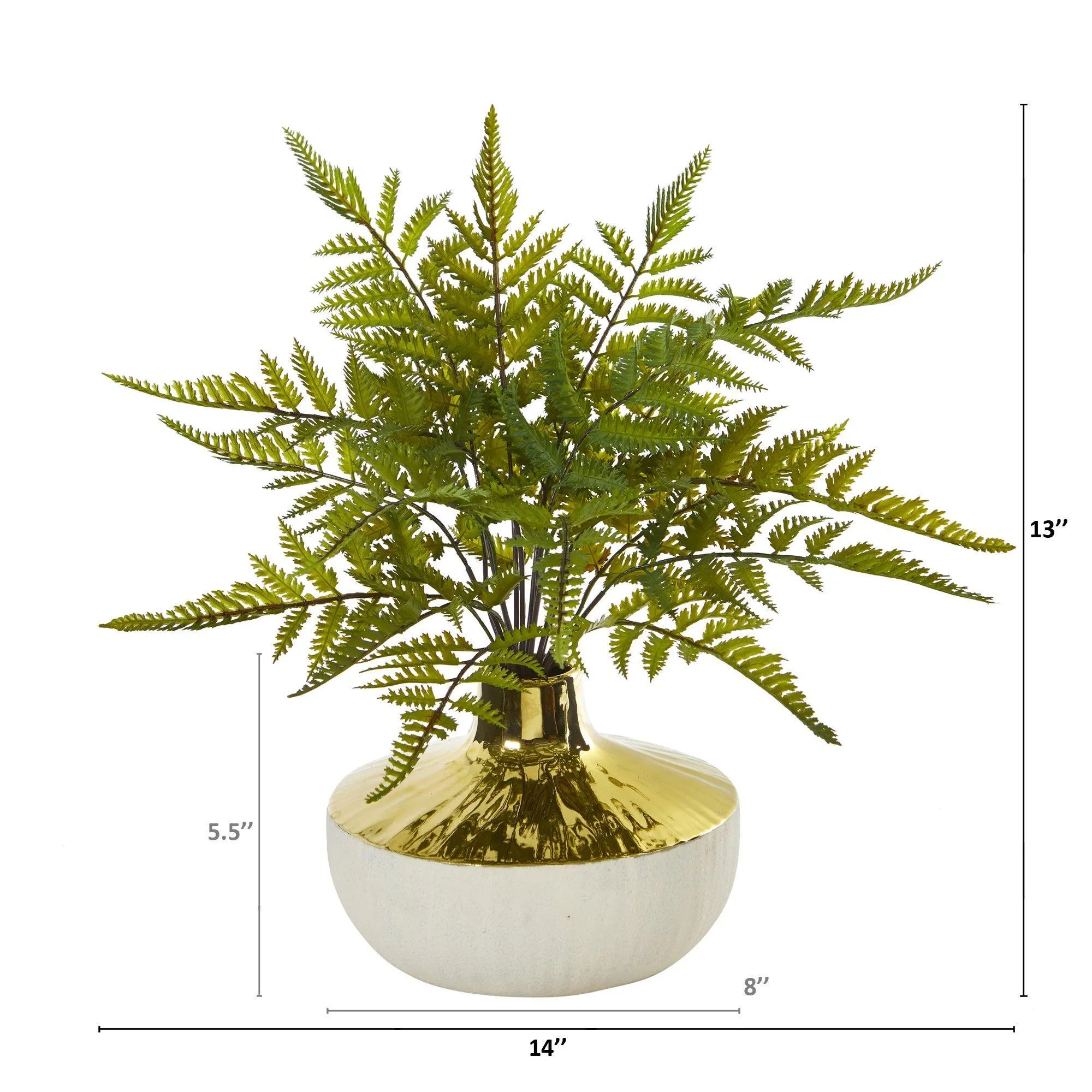 14” Fern Artificial Plant in Gold and Cream Elegant Vase