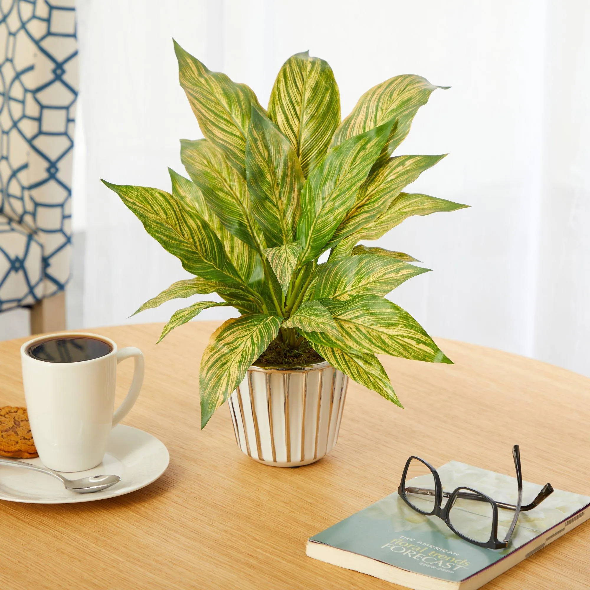 14” Musa Leaf Artificial Plant in White Planter with Silver Trimming