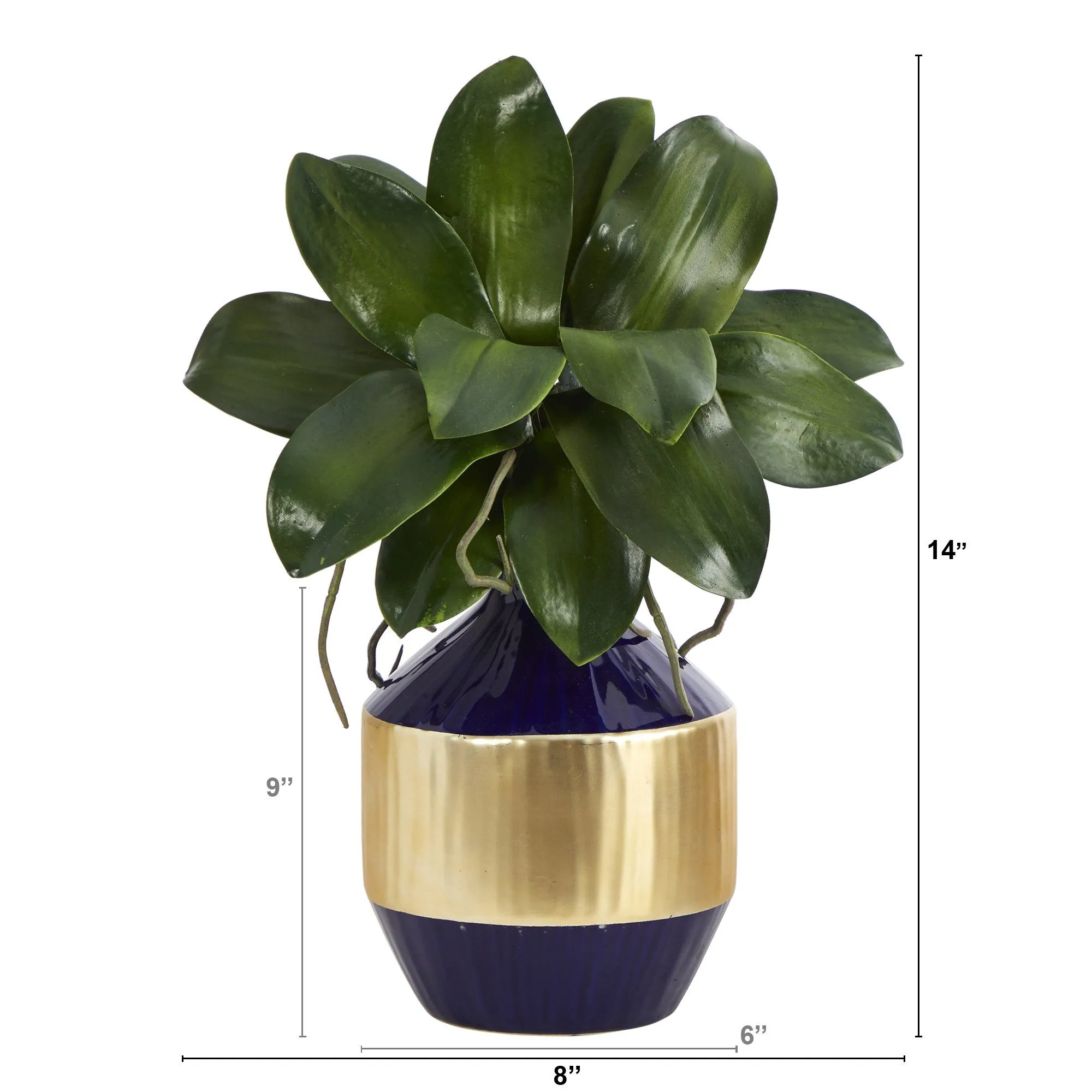 14” Phalaenopsis Orchid Leaf Artificial Plant in Blue and Gold Planter