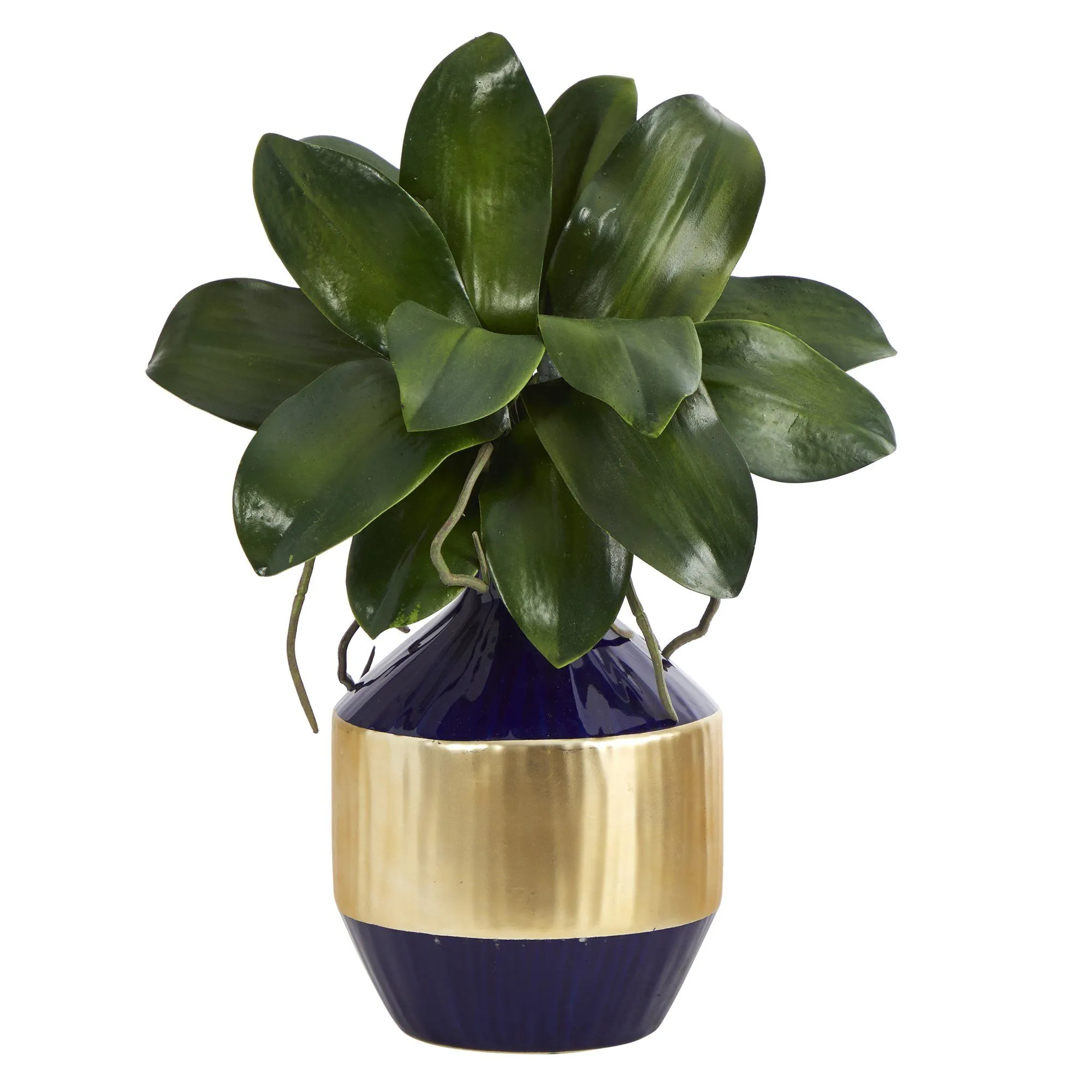 14” Phalaenopsis Orchid Leaf Artificial Plant in Blue and Gold Planter