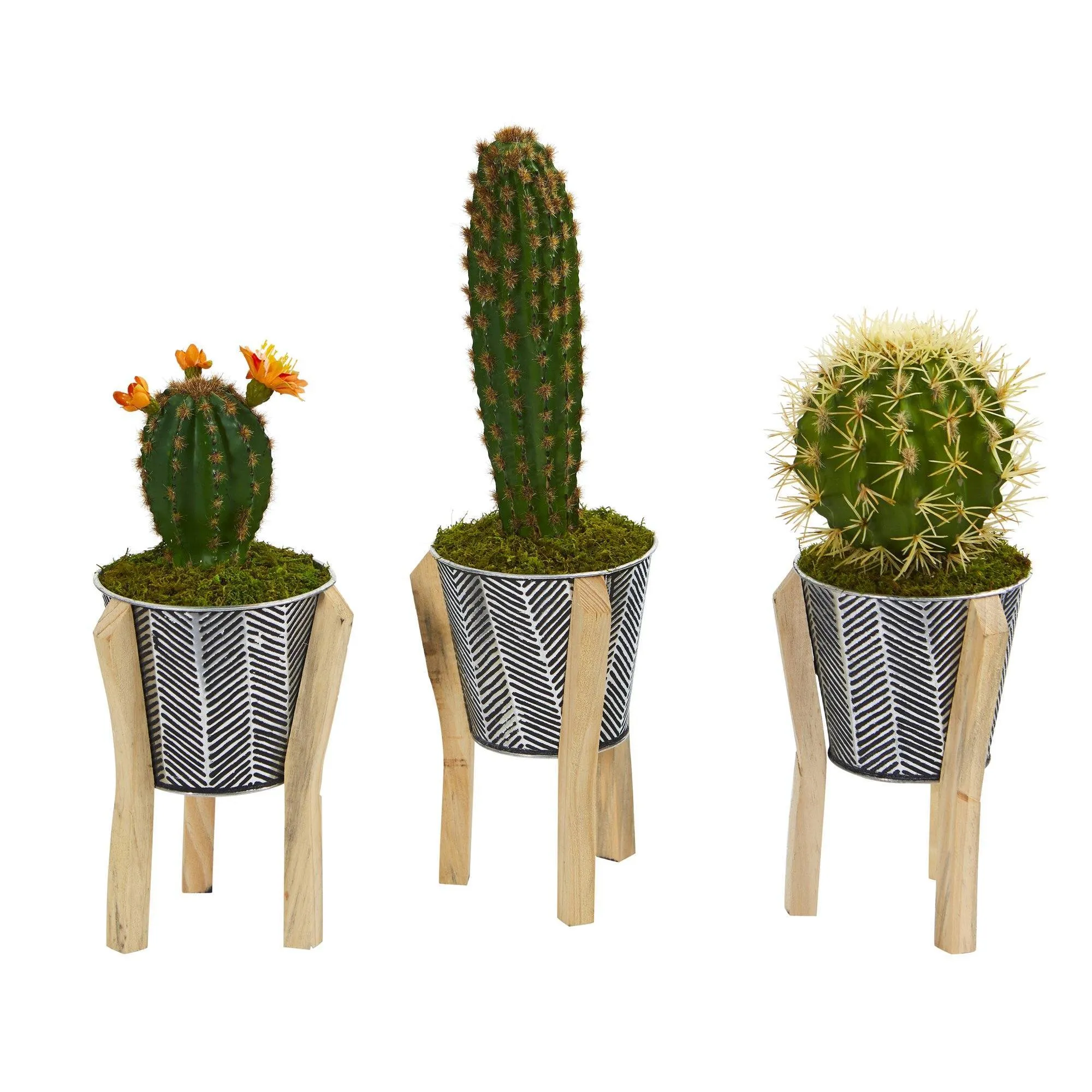 15” Mixed Cactus Artificial Plant in Tin Planter with Legs (Set of 3)