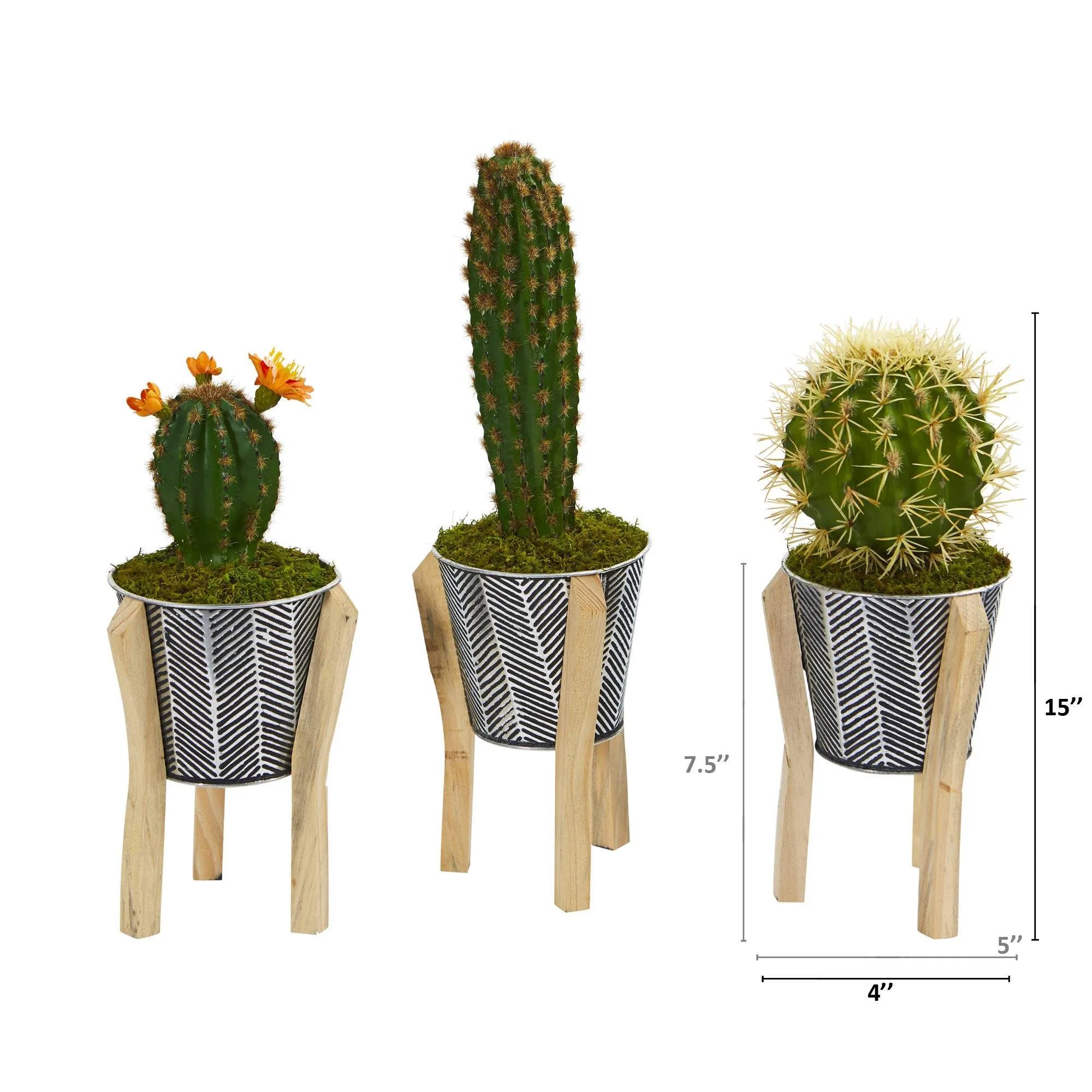 15” Mixed Cactus Artificial Plant in Tin Planter with Legs (Set of 3)