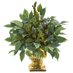 15” Royal Ficus and Fittonia Artificial Plant in Gold Urn