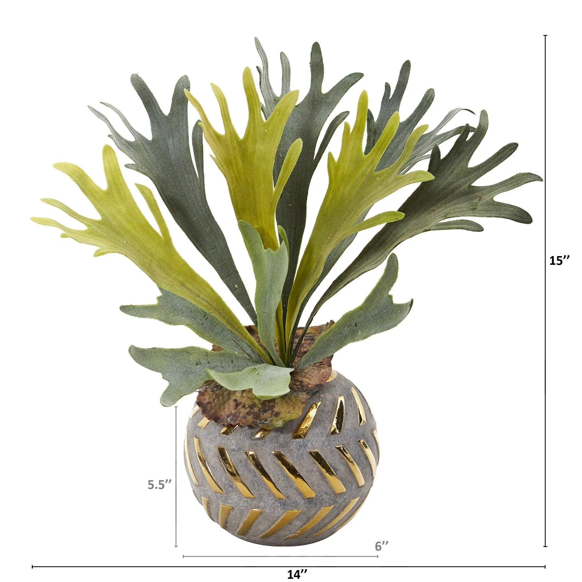 15” Staghorn Artificial Plant in Planter with Gold Trimming