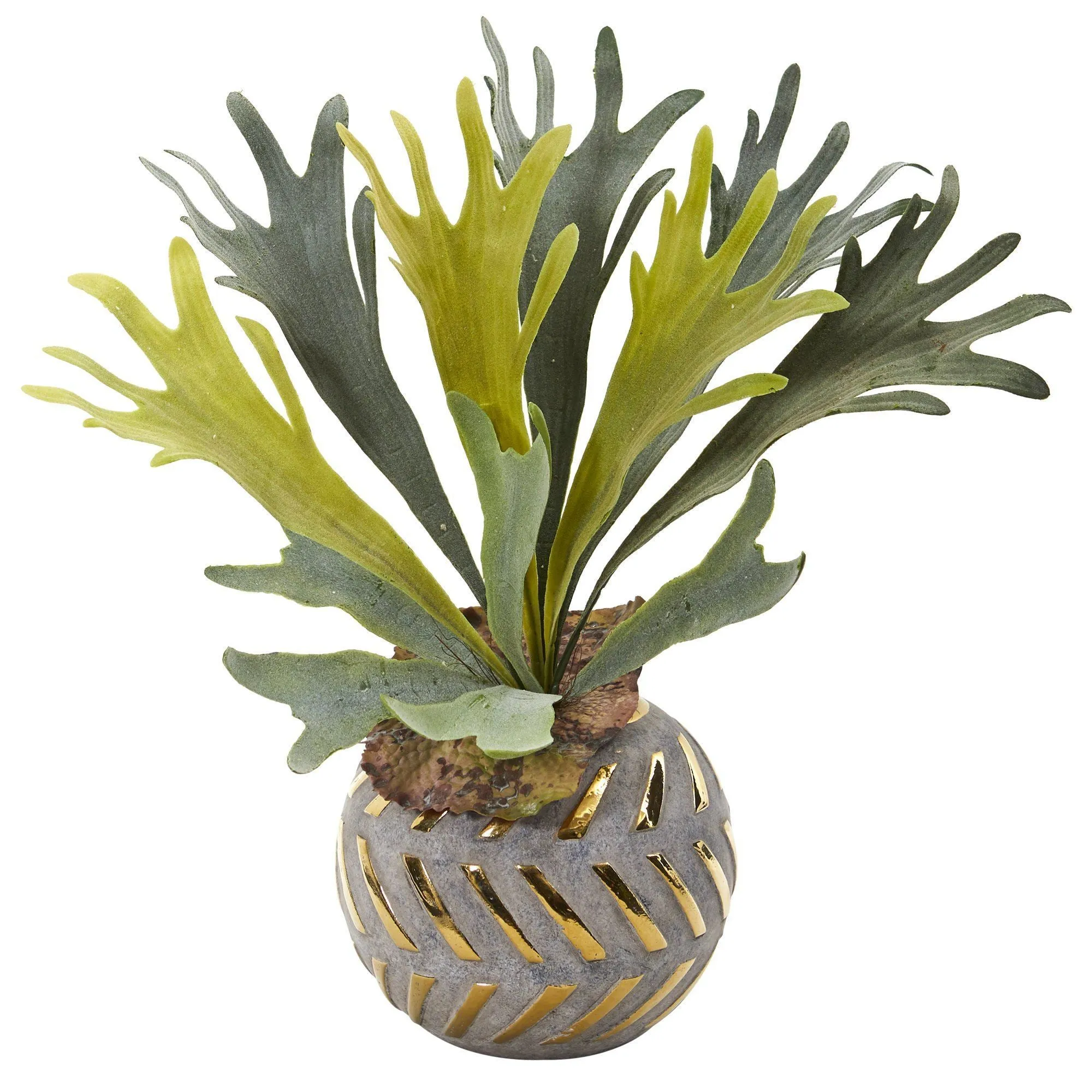 15” Staghorn Artificial Plant in Planter with Gold Trimming