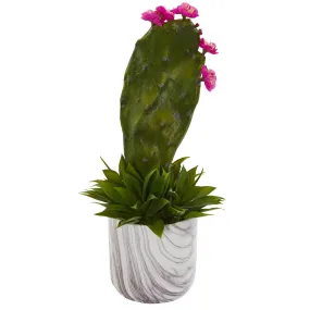 17” Cactus and Agave Succulent Artificial Plant in Marble Planter