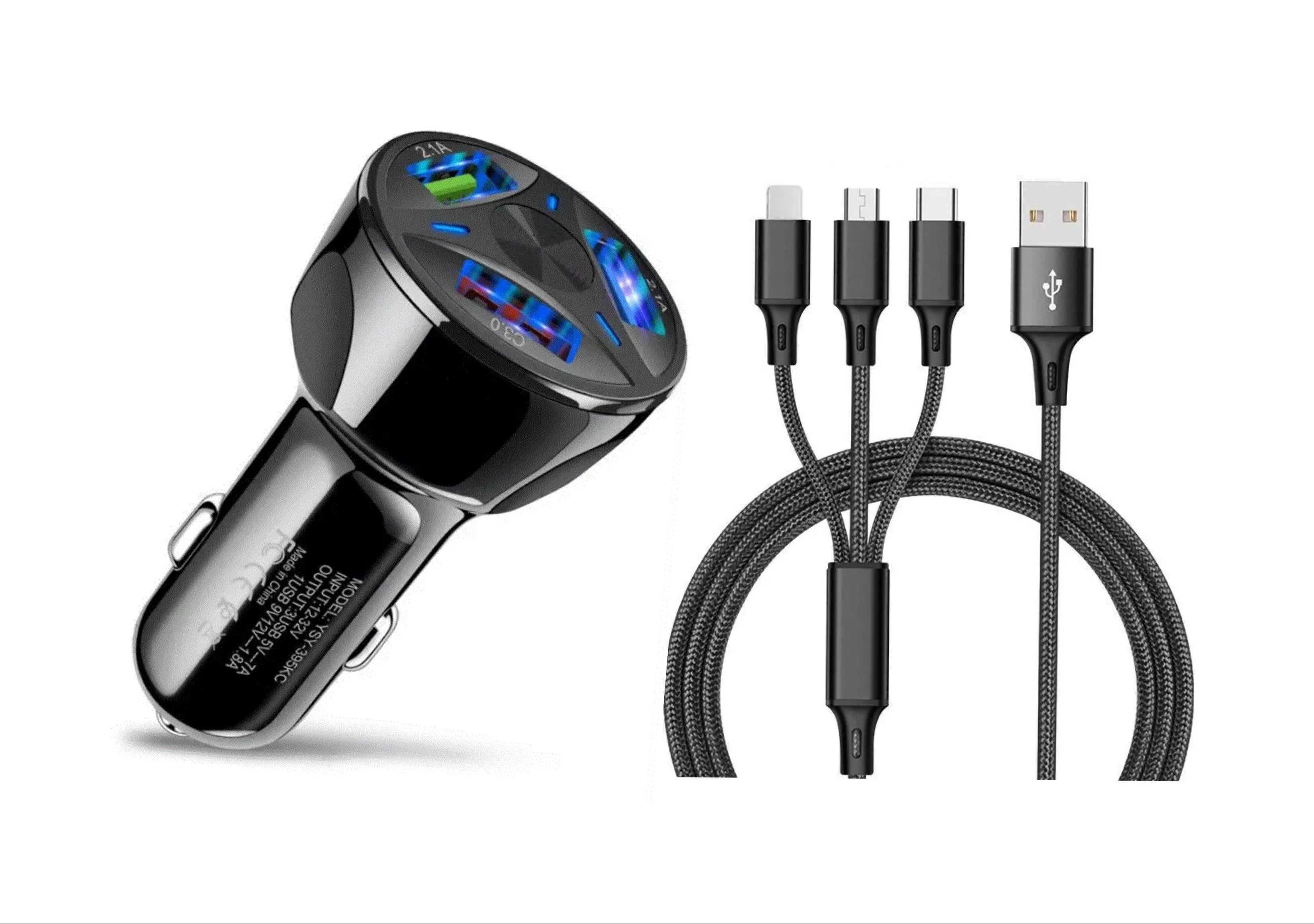 3 Port Fast LED Car Charger   3 in 1 Cable Combo Black