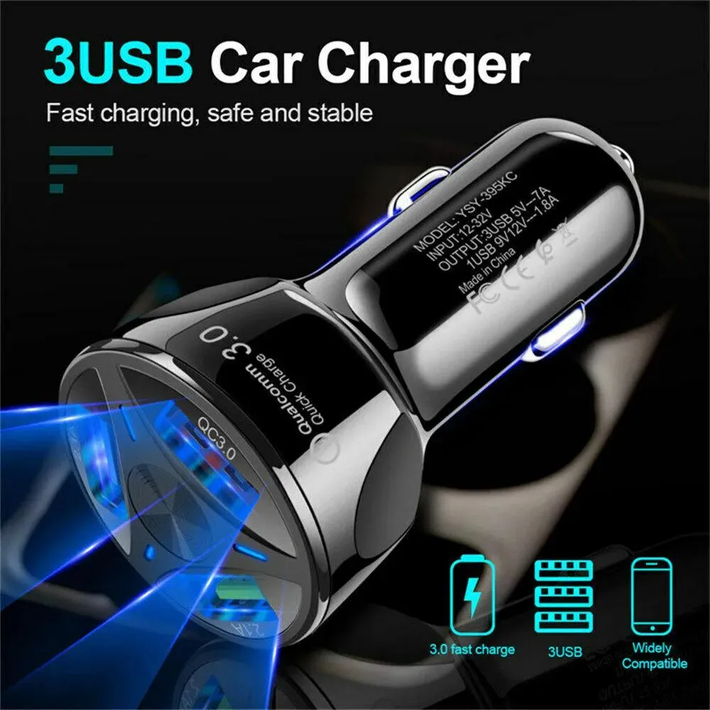 3 Port Fast LED Car Charger   3 in 1 Cable Combo Black