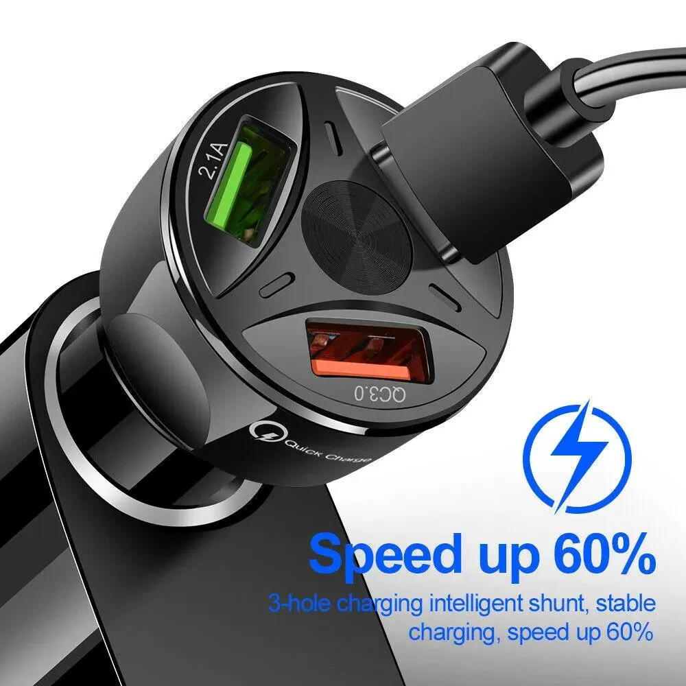 3 Port Fast LED Car Charger   3 in 1 Cable Combo Black