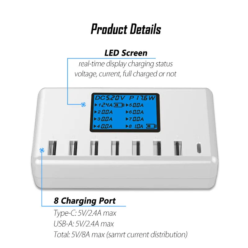 40W Smart 8 Ports USB Charger Station with LCD Display