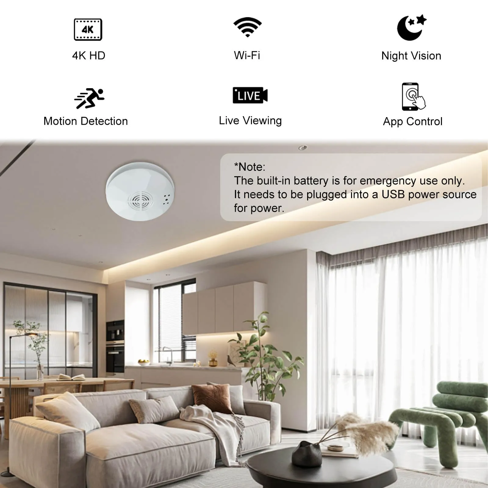 4K Ultra HD Smoke Detector Hidden Camera | WiFi Remote Real-Time Viewing | Night Vision | Motion Detection | Hidden Home Security Baby Pet Nanny Camera | No Audio