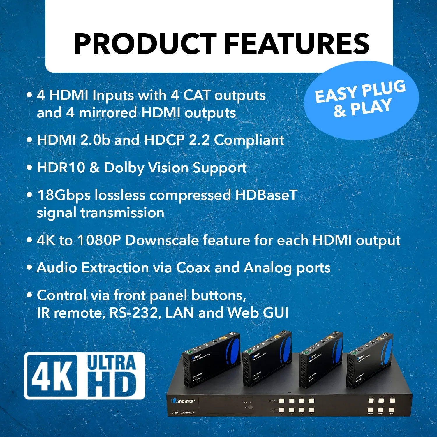 4x4 HDMI Extender With HDBaseT Over CAT5e/6/7 Upto 400 Ft - IR Control & EDID Management (UHD44-EXB400R-K)