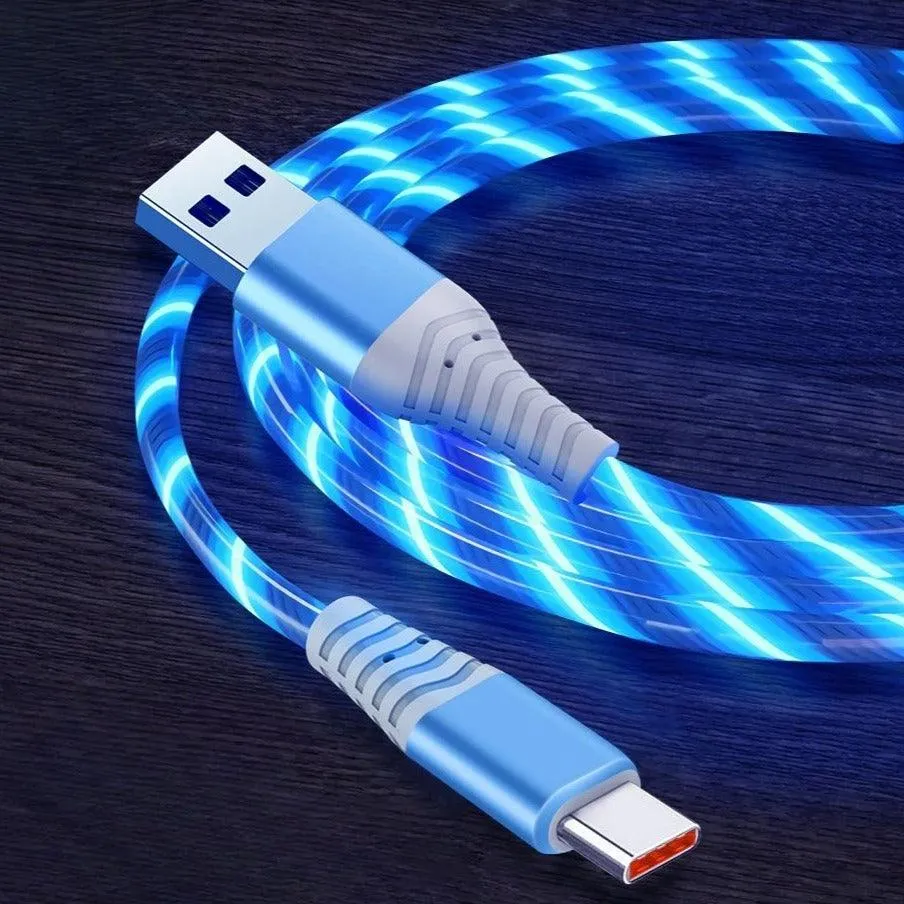 7A 100W Flowing Light LED USB Cable for USB-C Micro USB great for Samsung, Xiaomi, Google, GoPro and more...