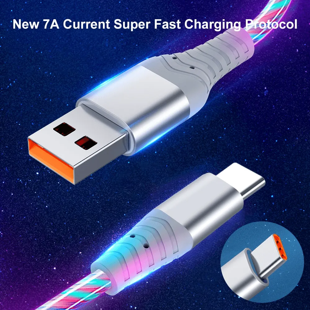 7A 100W Flowing Light LED USB Cable for USB-C Micro USB great for Samsung, Xiaomi, Google, GoPro and more...