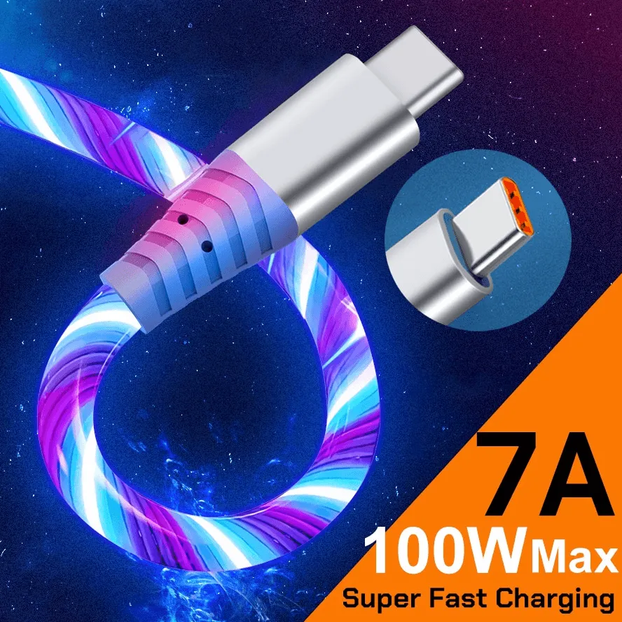 7A 100W Flowing Light LED USB Cable for USB-C Micro USB great for Samsung, Xiaomi, Google, GoPro and more...