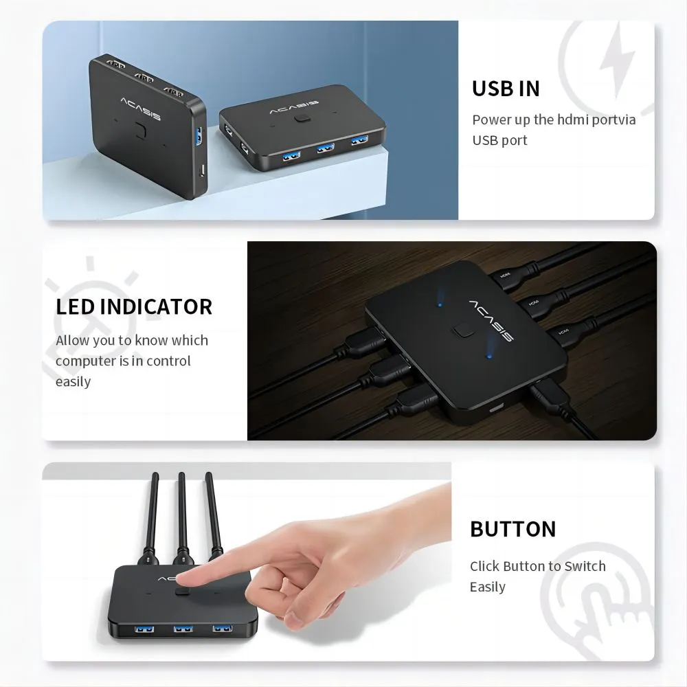 Acasis 2-in-1 4K 60Hz HDMI USB 3.0 KVM Switch 2 PC Share 1 Monitor