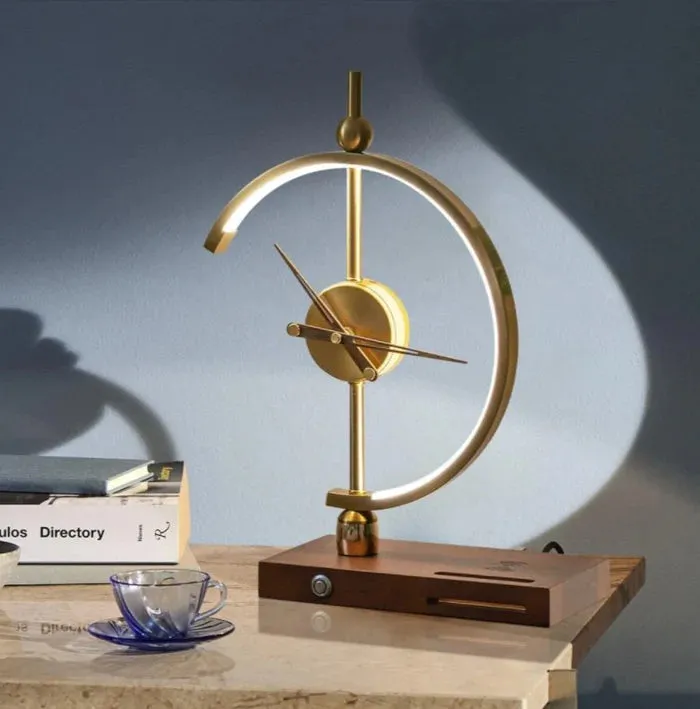 Art Deco Sculpture Tabletop Clock Lamp with Wirless Charger