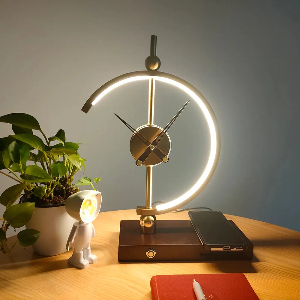 Art Deco Sculpture Tabletop Clock Lamp with Wirless Charger