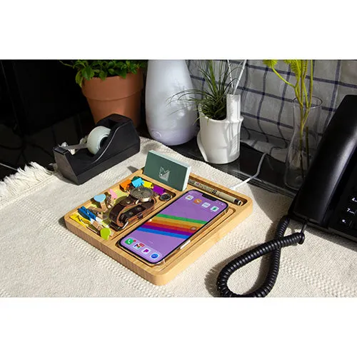 Bamboo Desk Organizer with 5W Wireless Charger