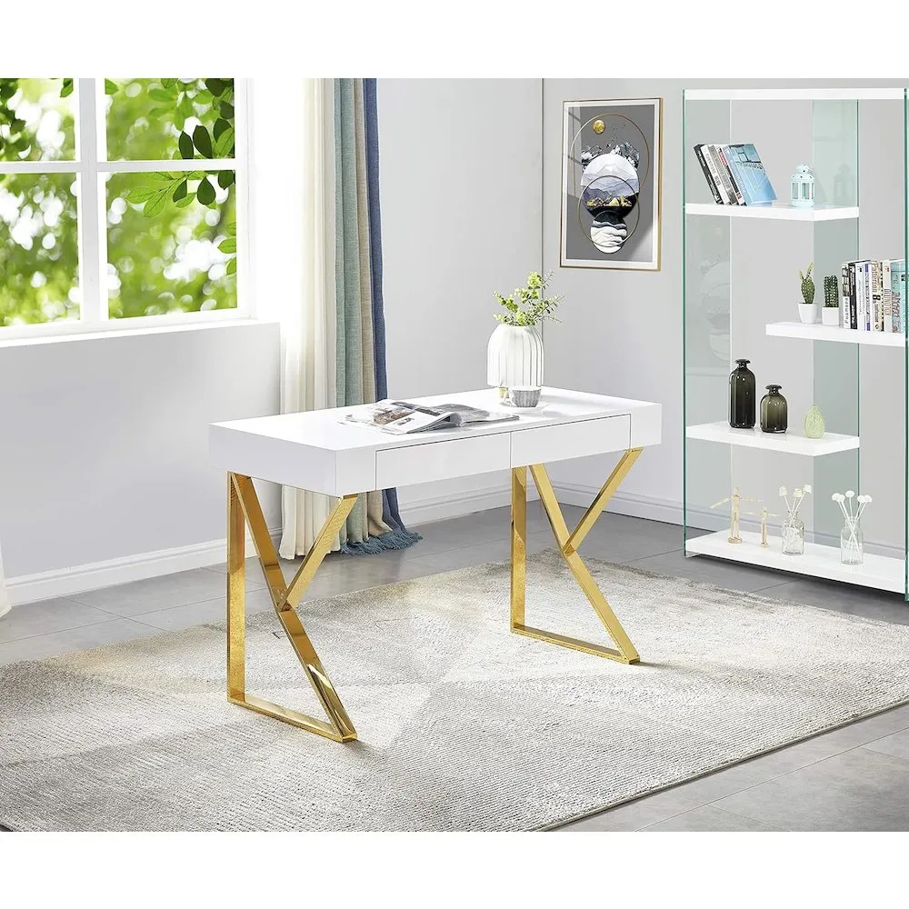 Beautiful Gold & White Modern Wood Computer Desk in Gold