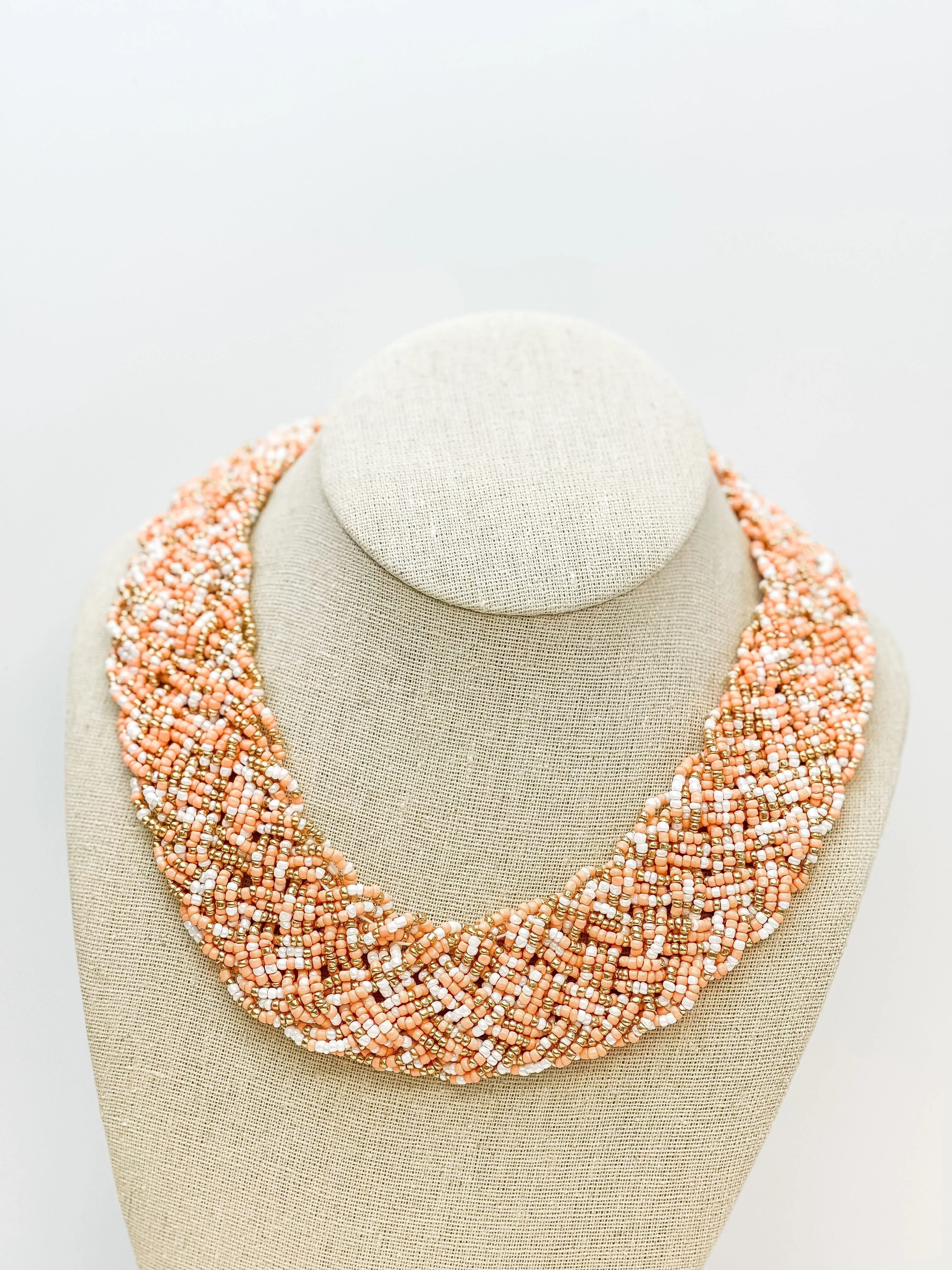 Braided Seed Bead Bib Necklace - Neutral Multi