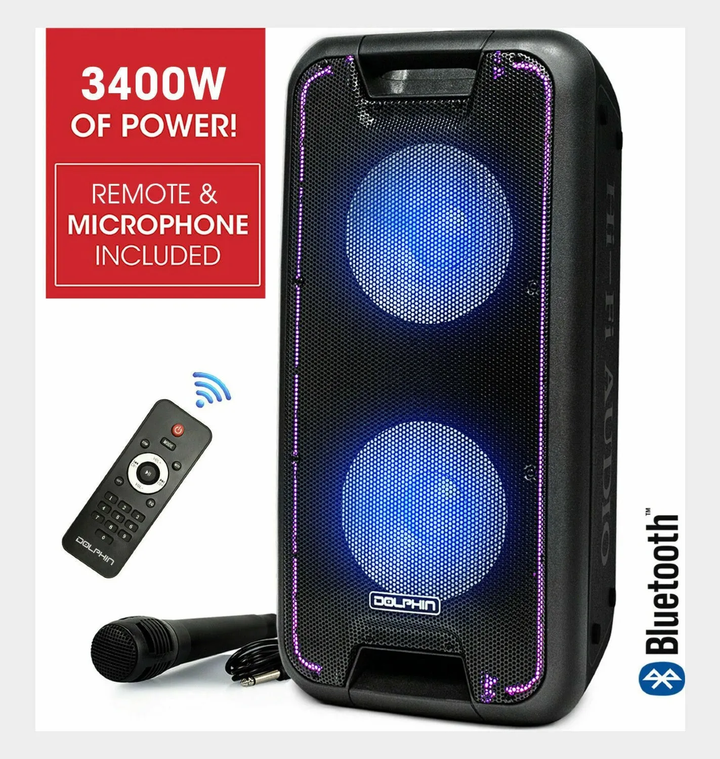 Brand New Dolphin SP-210RBT 3400W Bluetooth Tailgate Rechargeable Party Speaker System   WaveSync™