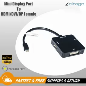 Cirago Mini Display Port DP to HDMI/DVI/DP 3-in-1 Video Converter Cable Adapter