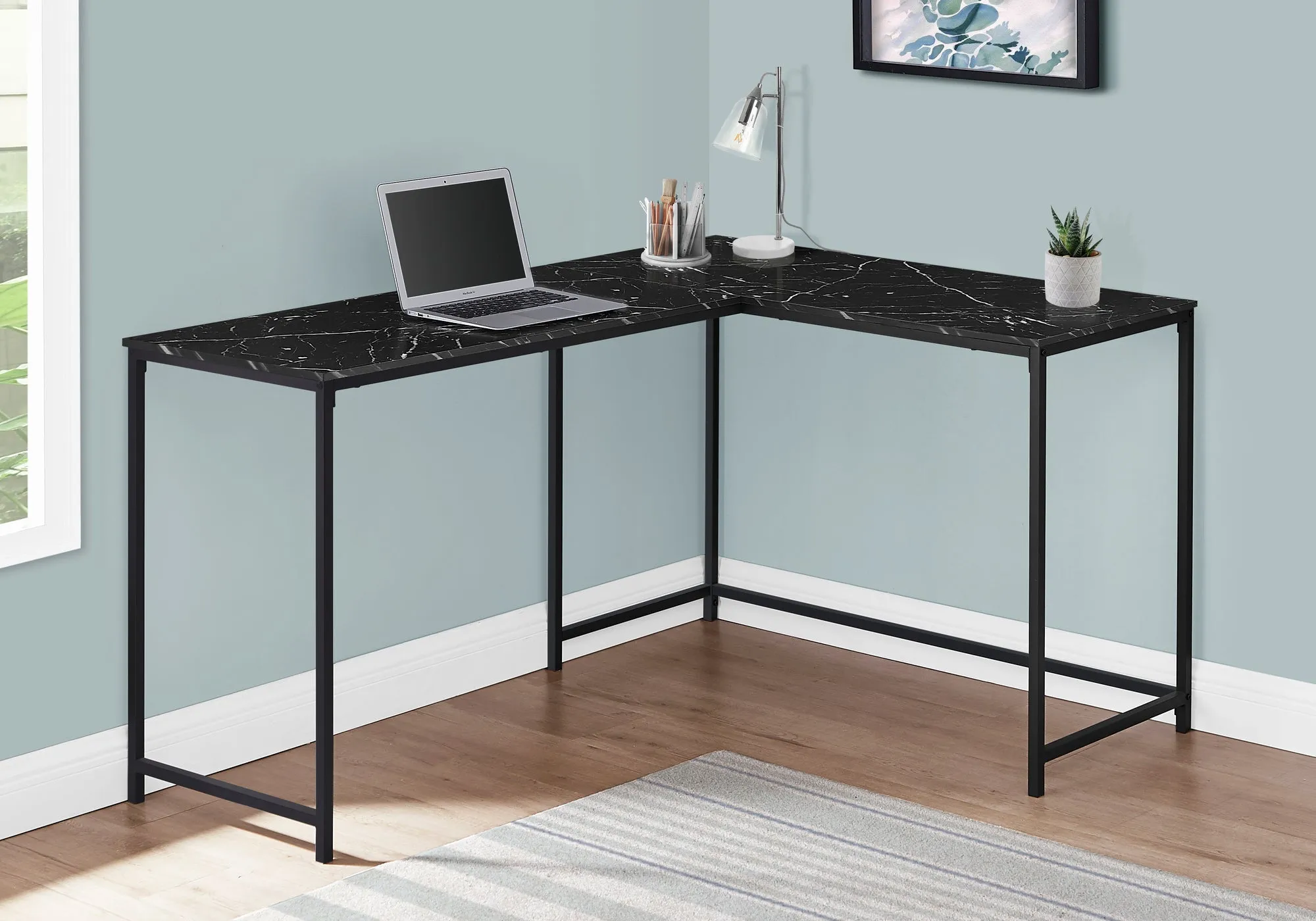 Computer Desk - 58"L / Black Marble / Black Metal Corner