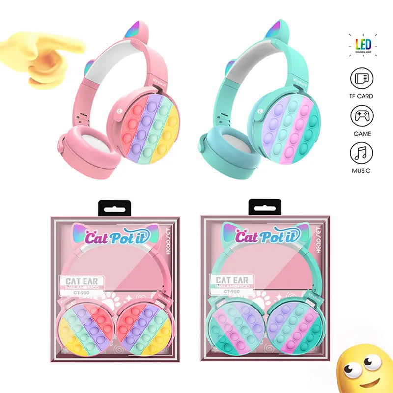 Cute Cat Ears Bluetooth LED Wireless Headphones with Microphone Control