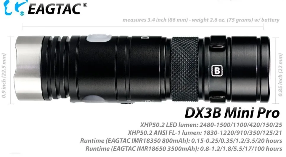 EagleTac DX3B Mini Pro XHP50.2 2480 Lumen Flashlight 1 * 18350 Li-ion Battery Included - CW