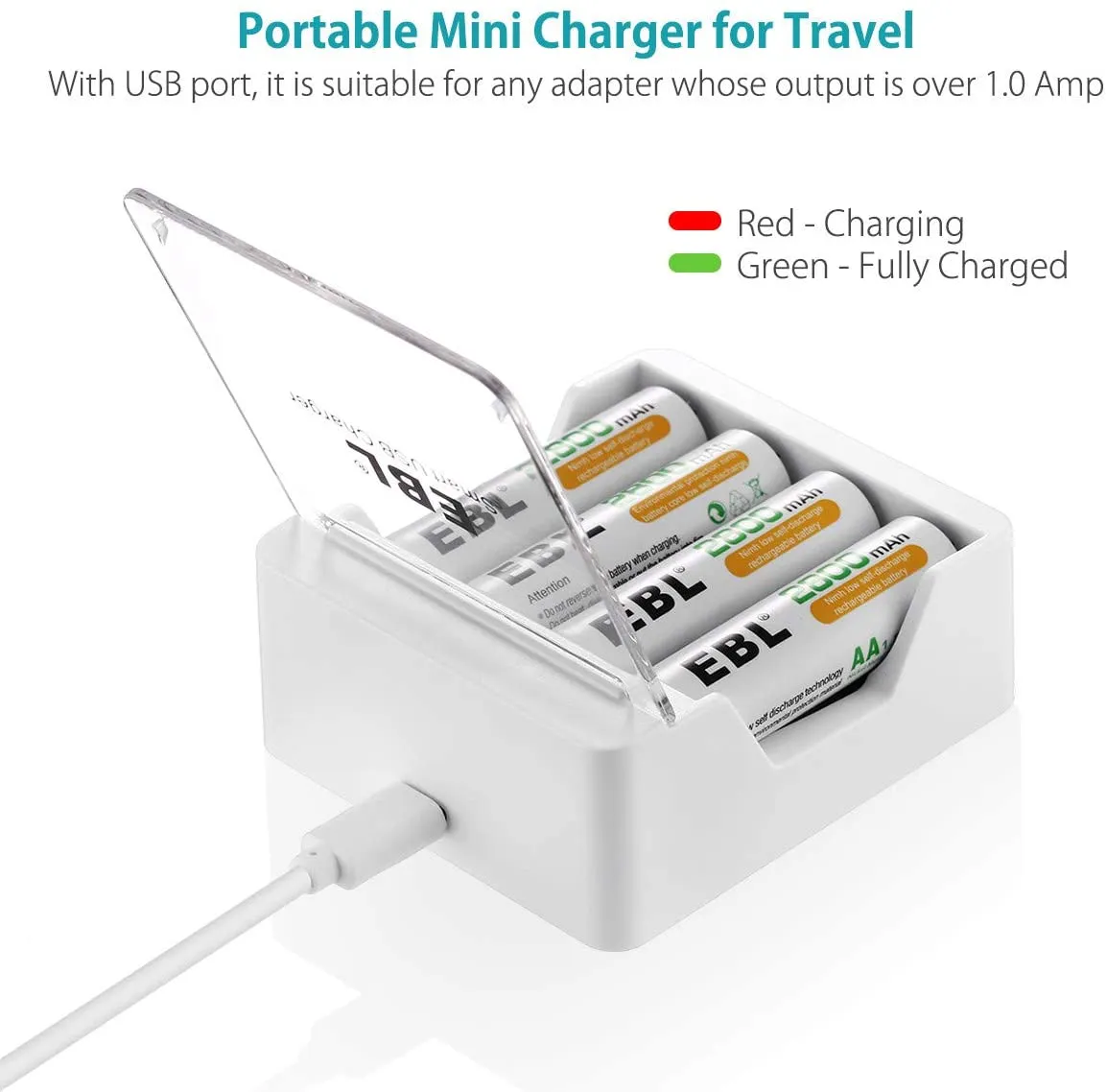 EBL LN-6105 4-Bay Portable Smart USB Battery Charger with Fast Charging Micro USB Power Port, for AA and AAA Rechargeable Batteries