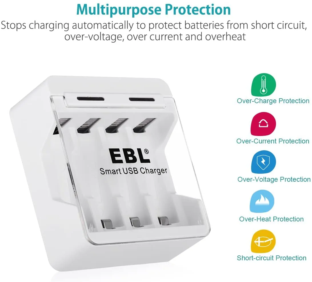 EBL LN-6105 4-Bay Portable Smart USB Battery Charger with Fast Charging Micro USB Power Port, for AA and AAA Rechargeable Batteries