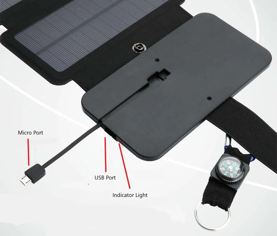 Folding 10W Charger 5 Solar Panels 5V DC, Micro & USB Ports, Compass