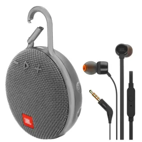 JBL Clip 3 Portable Wireless Bluetooth Speaker Gray and JBL T110 in Ear Headphones